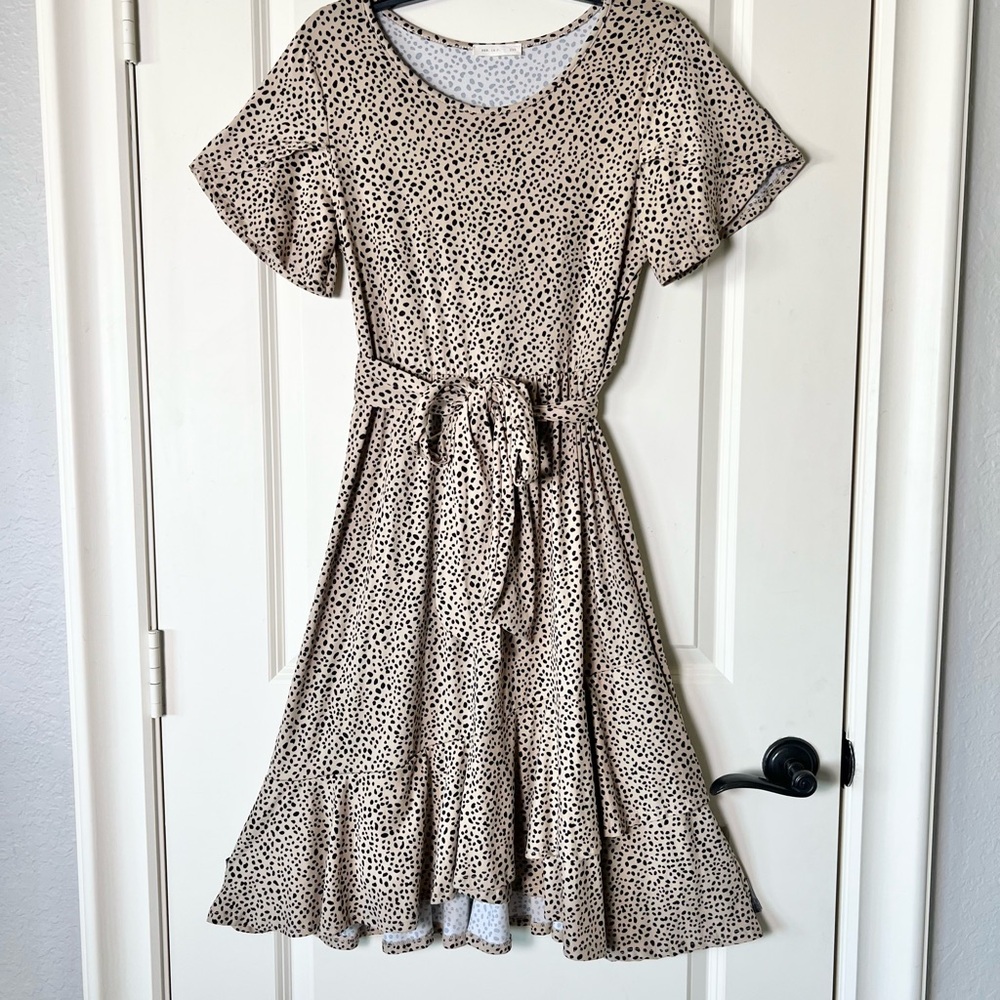 Reborn J Dalmatian Print Ruffle Hem Dress | Sash Tie Waist Midi | Size Medium